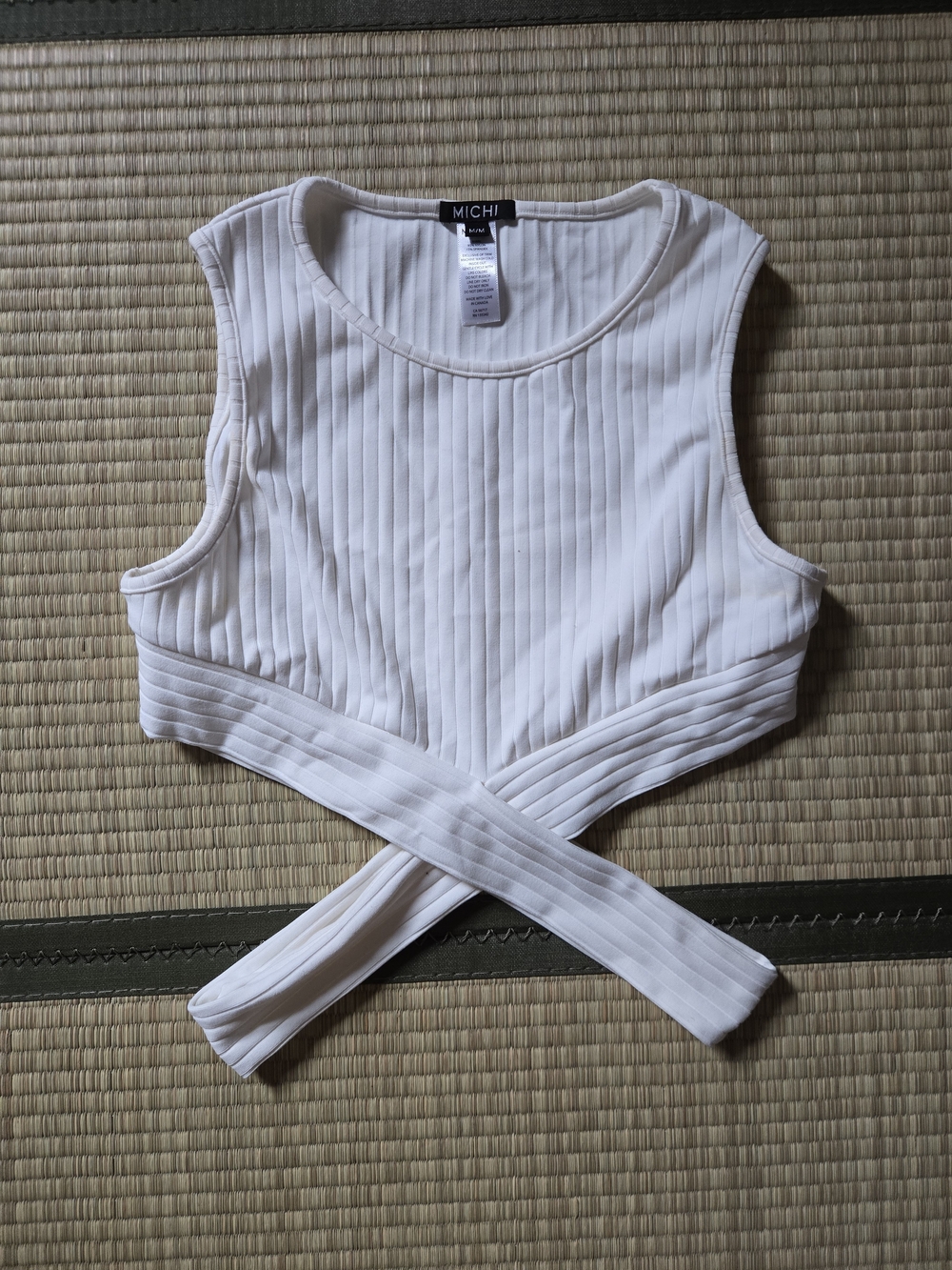 MICHI Cream Ribbed Cross-Wrap Athletic Crop Top